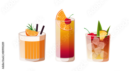 Set of cocktails. Three summer drinks isolated on white background. Vector illustration of tropical cocktails.
