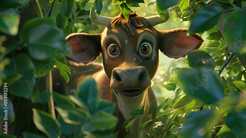 Cartoon cow in the forest, Cow in the forest on a sunny day, Nature composition, 3D Rendering of Playful Calves Character