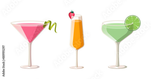 Set of cocktails. Three modern cocktails in glasses of different shapes. Vector illustration of classical cocktails isolated on white background.