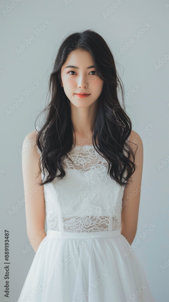 A beautiful Japanese woman with long hair and big eyes wearing a white lace dress with a simple background. A beautiful Japanese woman with long hair and big eyes wearing a white lace dress with a simple background.