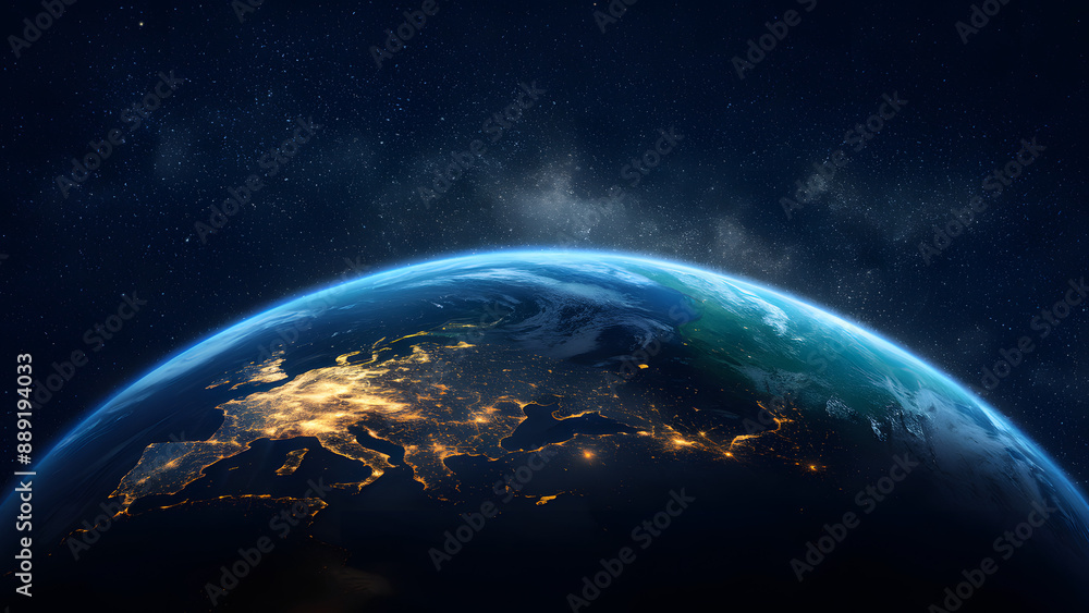 Fototapeta premium A breathtaking view of Earth from space, with the curvature of the planet prominently visible. The vast expanse of the universe is filled with countless stars, creating a mesmerizing backdrop