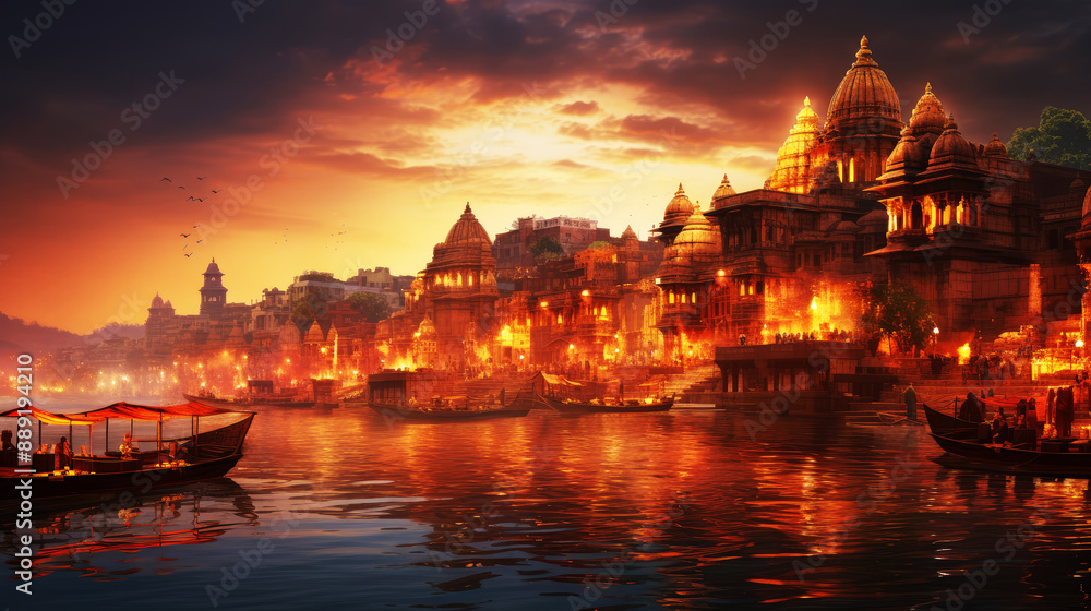 Obraz premium generated illustration of ancient Varanasi city architecture at sunset
