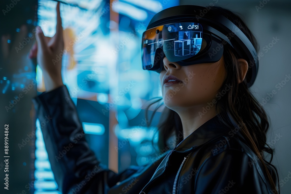 woman using augmented reality glasses to visualize a digital assistant in a virtual environment woman using augmented reality glasses to visualize a digital assistant in a virtual environment