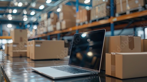 Laptop on a table in a warehouse. The image is ideal for showing the concept of online ordering and e-commerce.