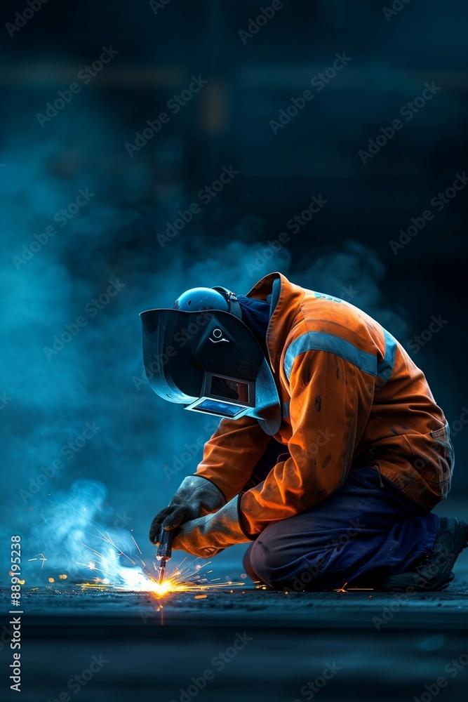 Male welder at work on a plain background with copy space. Welding machine. Construction, industry. Connection of metal structures Male welder at work on a plain background with copy space. Welding machine. Construction, industry. Connection of metal structures