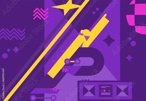 Image of a girl at a disco party. Poster to print and use online. Set of abstract elements in modern groove style.