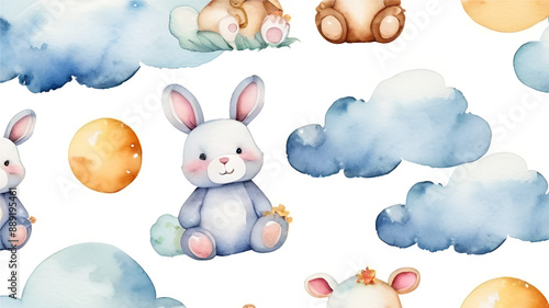 Seamlesss pattern with cartoon clouds, magic baby bear bunny toys and cow. Watercolor hand drawn illustration with white background photo