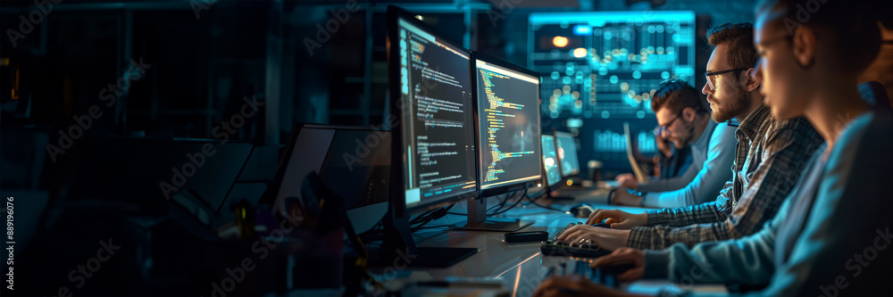 Team of young professional start-up business developpers, programmers and coders, working and coding with computers with many screens