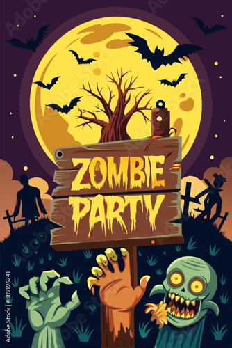 A zombie holding a wooden sign that reads zombie party in a cartoonish style