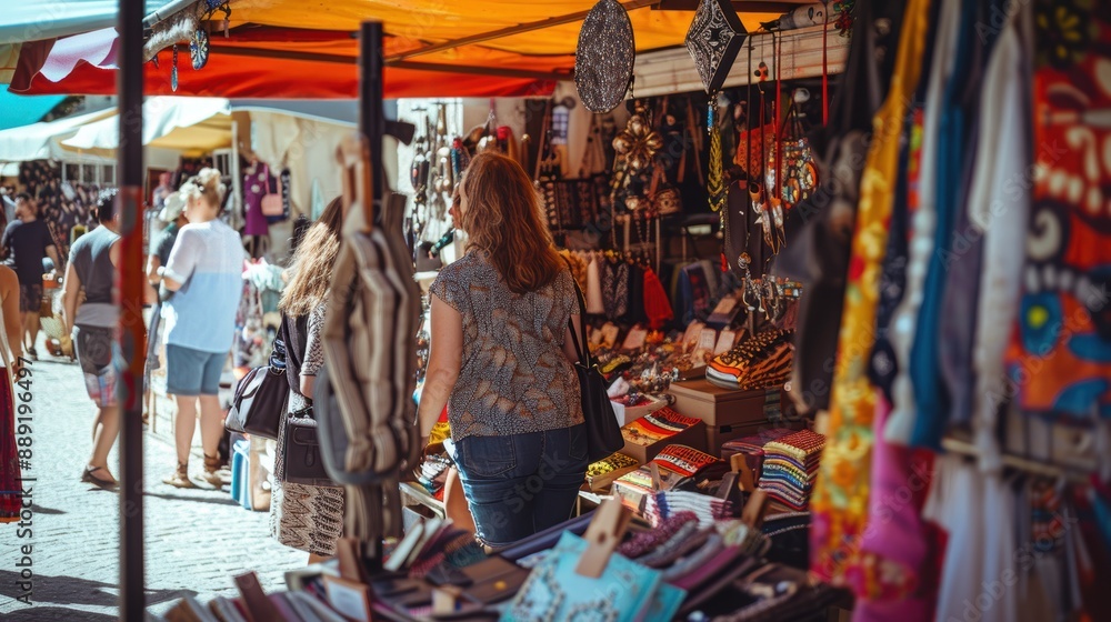 Woman choosing souvenirs at a crowded street market stall full of colorful clothes, bags and jewelry Woman choosing souvenirs at a crowded street market stall full of colorful clothes, bags and jewelry