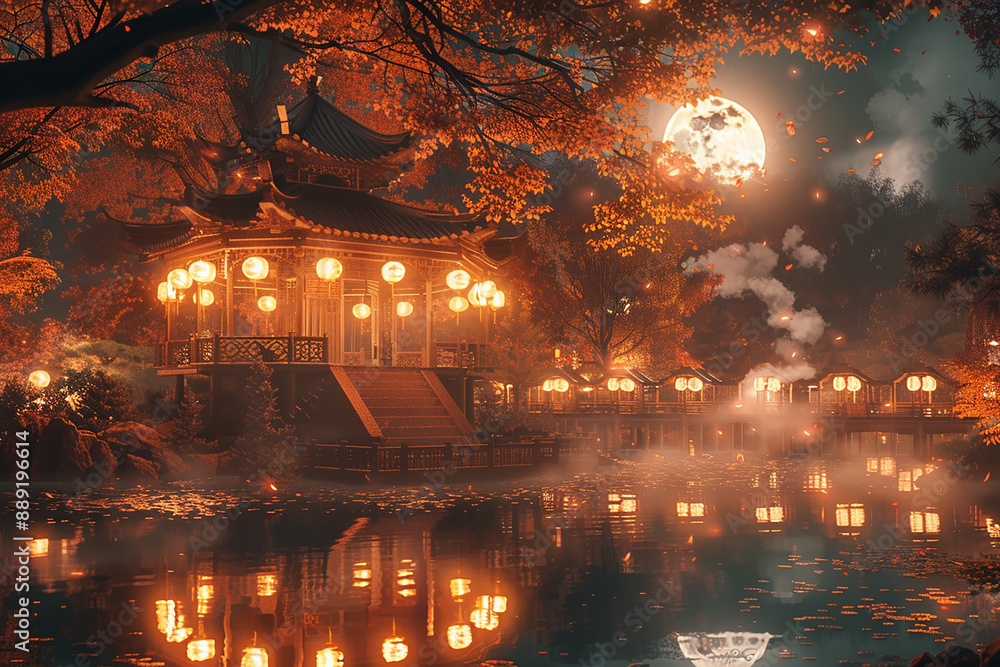 Naklejka premium Mid-Autumn Festival,autumn Chinese festival,holiday greeting card template,autumn festival