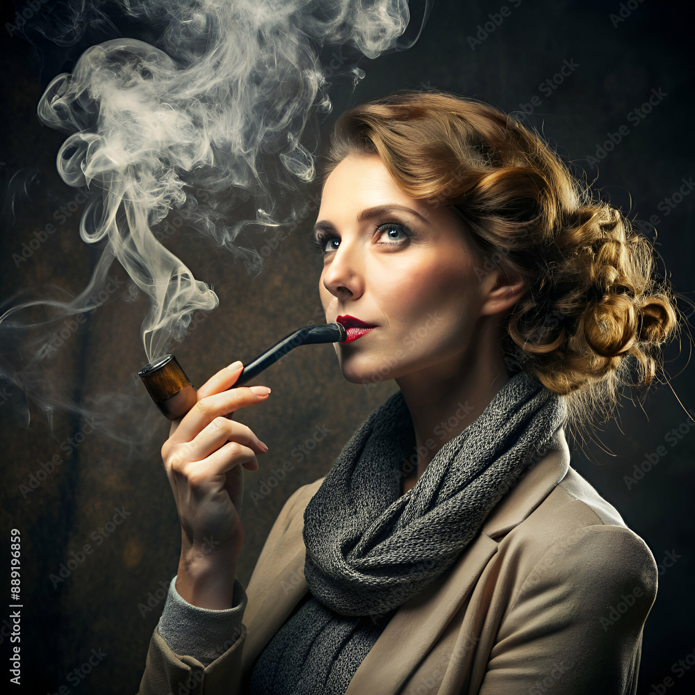Obraz premium Attractive and beautiful woman smoking a pipe