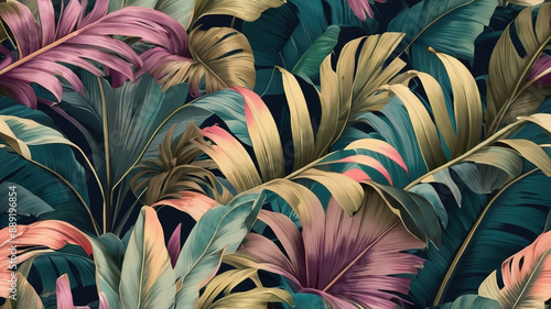 Colorful pastel banana leaves in hand-drawn vintage 3D illustration, seamless pattern.