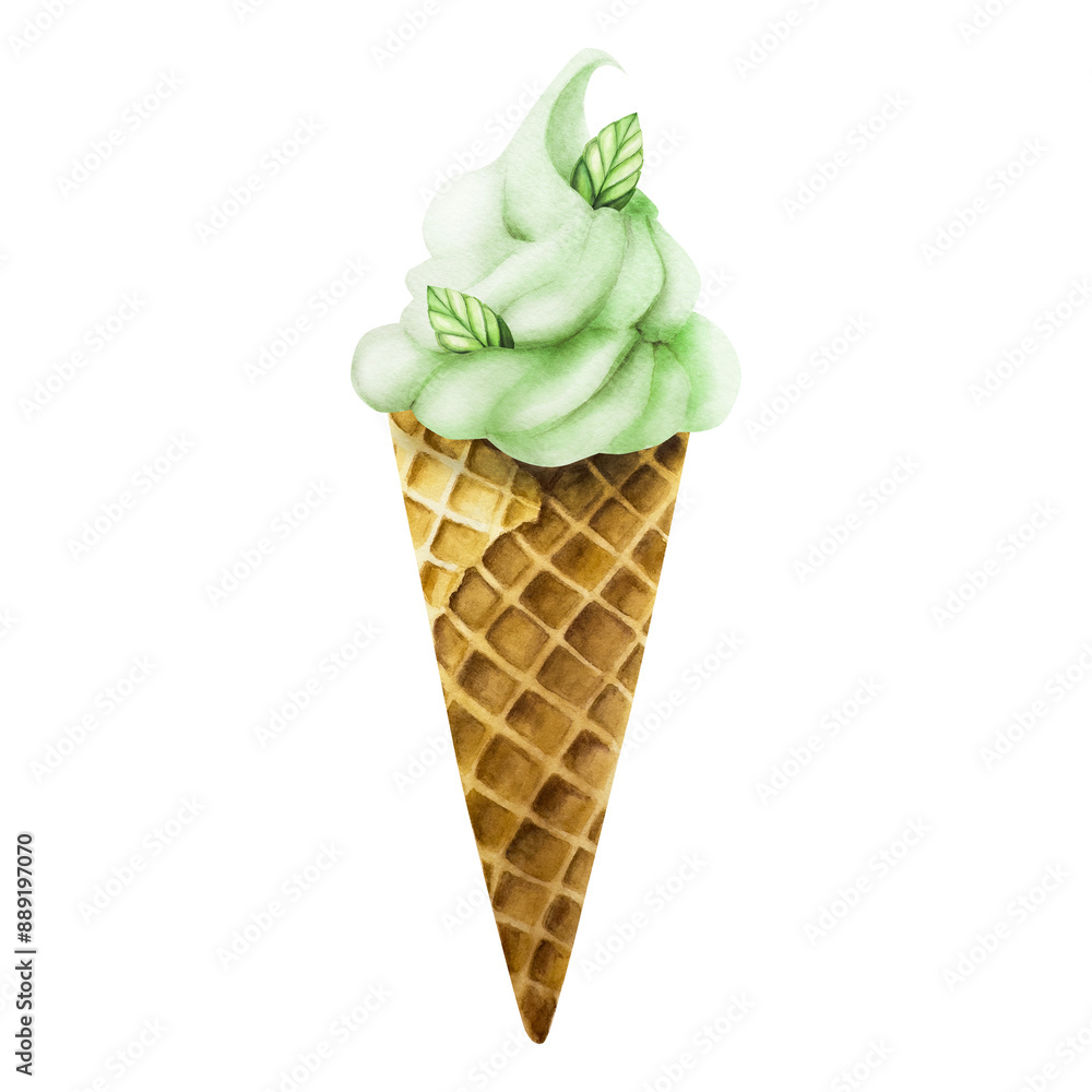 Mint soft ice cream in crispy waffle cone with fresh leaves. Hand painting sweet watercolor illustration isolated on background. For designers, menu, shop, decoration, restaurant, f Mint soft ice cream in crispy waffle cone with fresh leaves. Hand painting sweet watercolor illustration isolated on background. For designers, menu, shop, decoration, restaurant, f