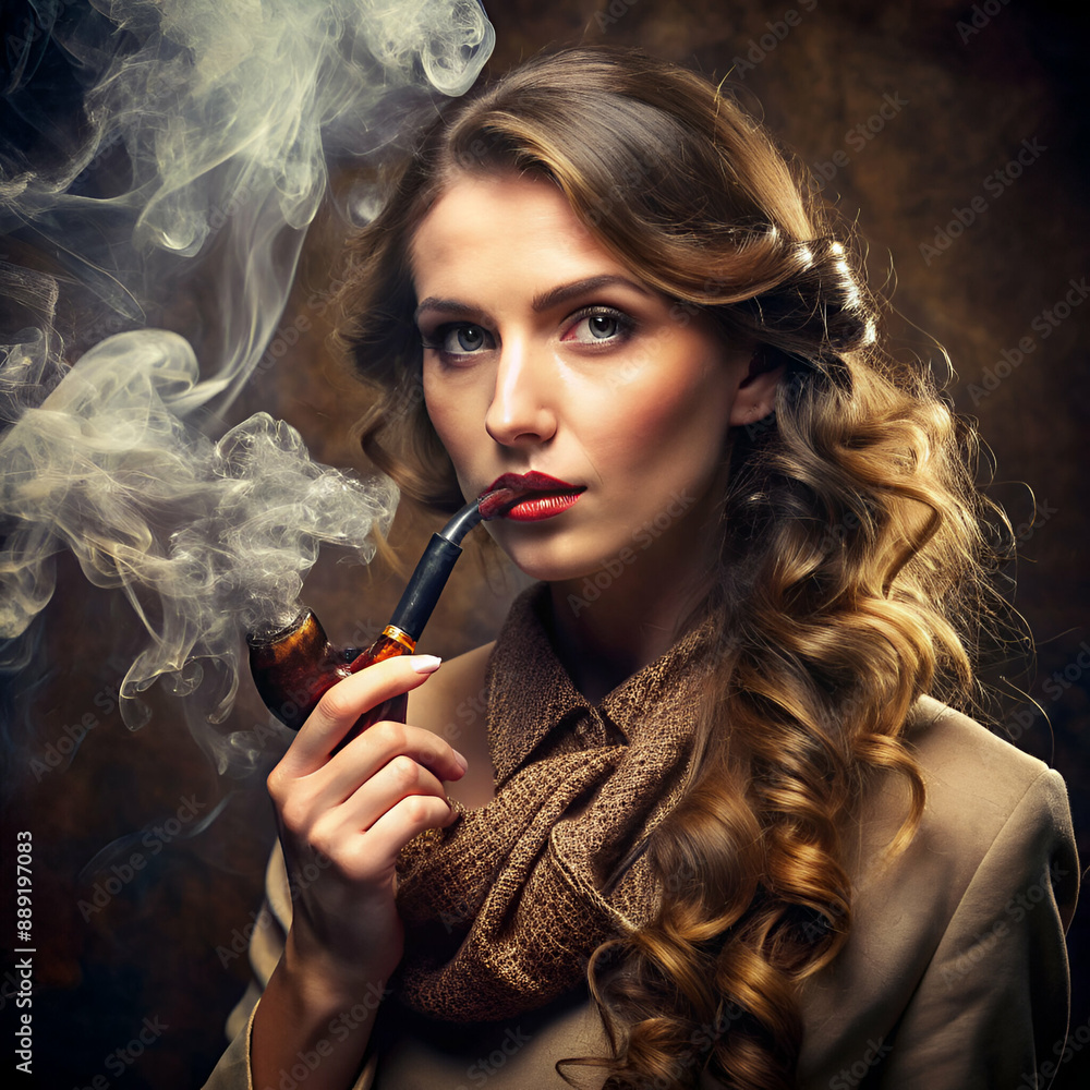 Fototapeta premium Attractive and beautiful woman smoking a pipe