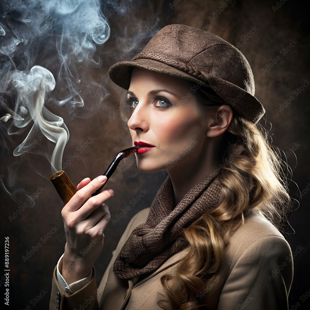 Obraz premium Attractive and beautiful woman smoking a pipe