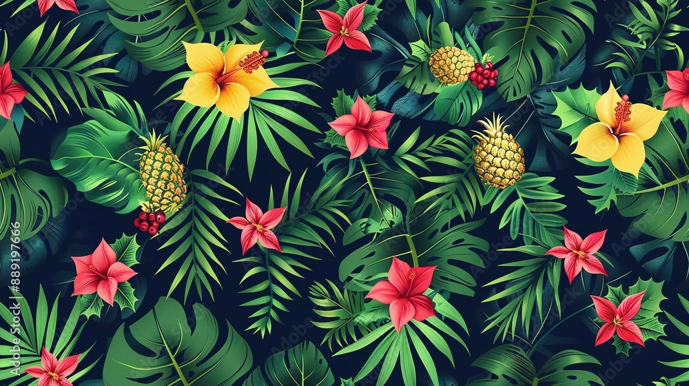 Vibrant seamless tropical pattern with pineapples palm leaves and hibiscus flowers Vibrant seamless tropical pattern with pineapples palm leaves and hibiscus flowers