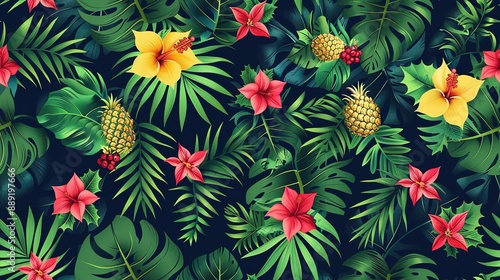 Vibrant seamless tropical pattern with pineapples palm leaves and hibiscus flowers © Koplexs-Stock