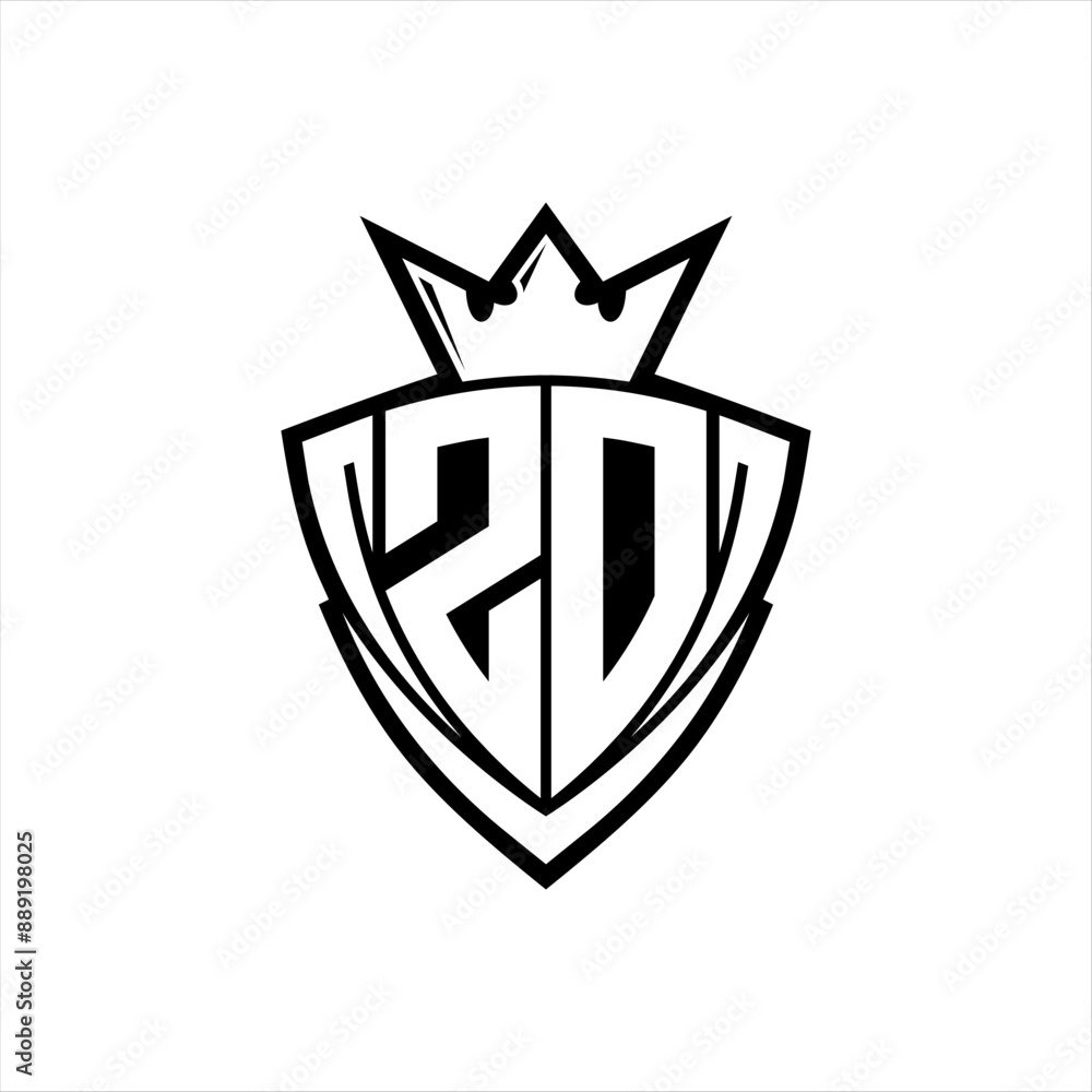 ZD Letter logo with sharp triangle shield shape with crown inside white outline on white background template design ZD Letter logo with sharp triangle shield shape with crown inside white outline on white background template design