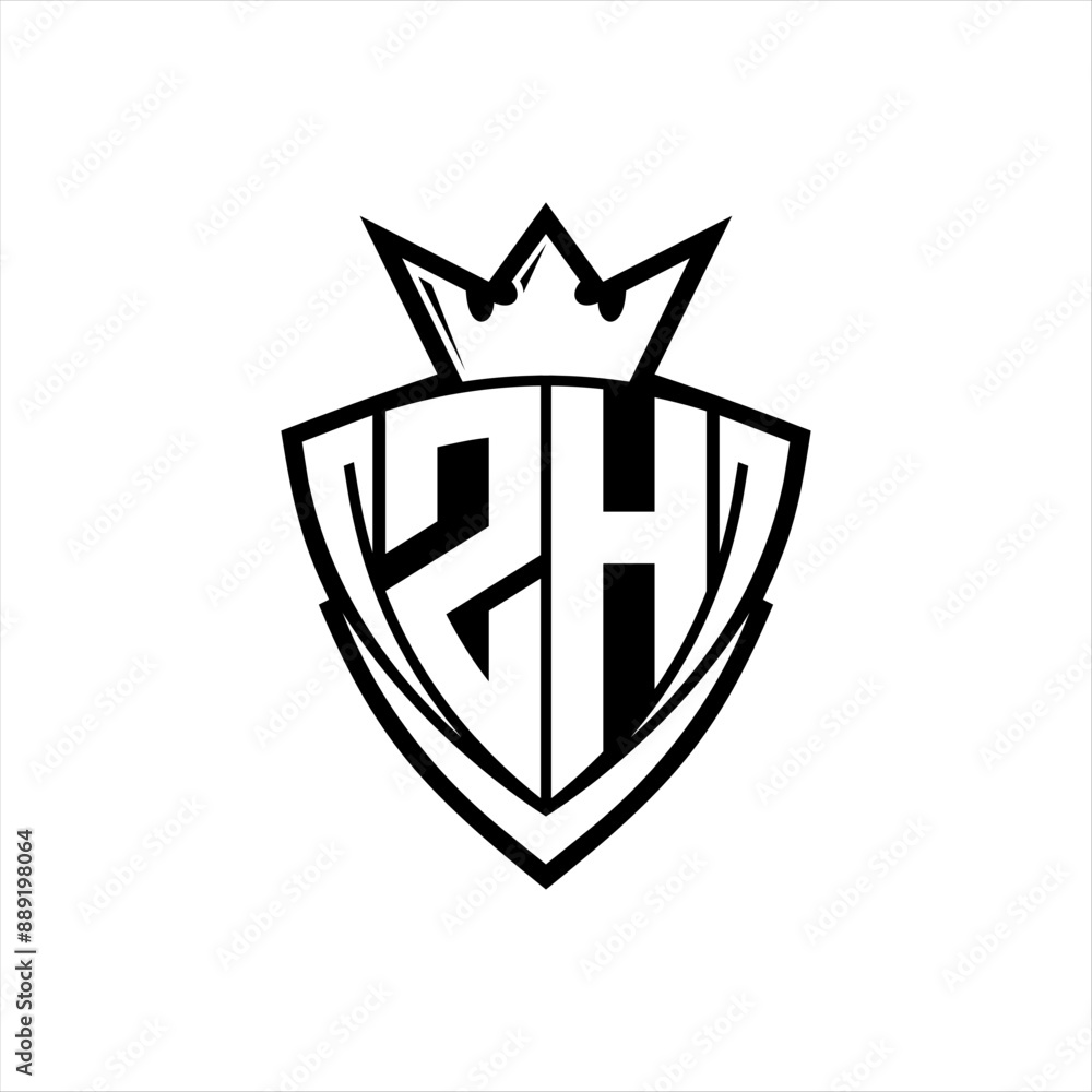 ZH Letter logo with sharp triangle shield shape with crown inside white outline on white background template design ZH Letter logo with sharp triangle shield shape with crown inside white outline on white background template design