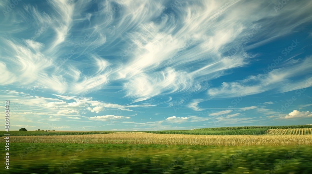 Abstract landscape featuring vibrant sky with white clouds and green cornfield Abstract landscape featuring vibrant sky with white clouds and green cornfield