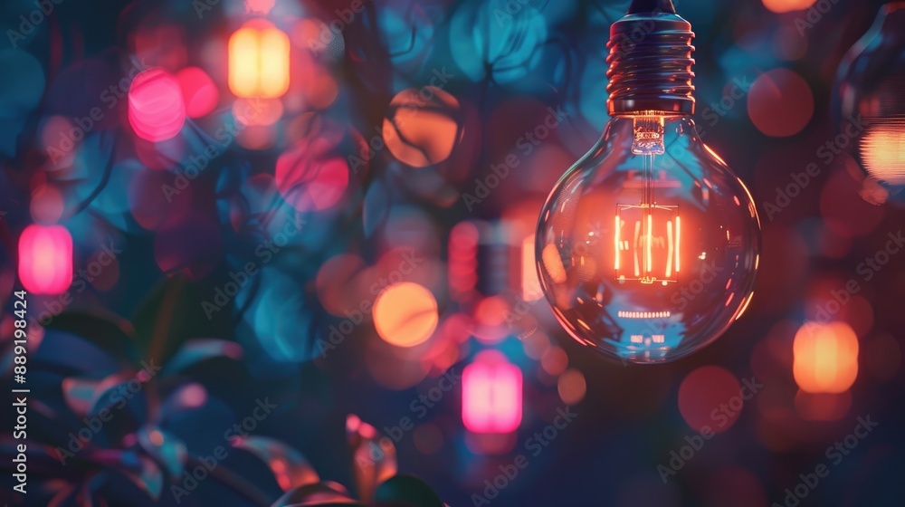 Abstract idea symbolized by small multicolor lightbulb s blurred light in dark backdrop Abstract idea symbolized by small multicolor lightbulb s blurred light in dark backdrop