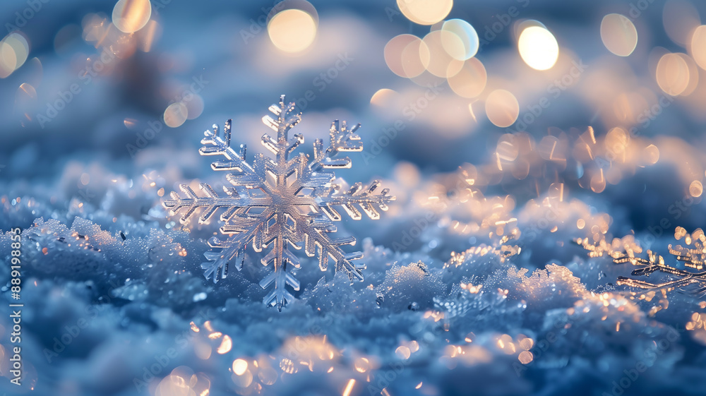 Stunning Close-Up of Snowflakes with Magical Christmas Lights Bokeh Stunning Close-Up of Snowflakes with Magical Christmas Lights Bokeh