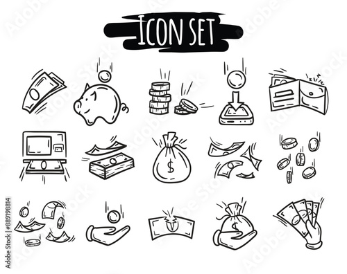 A simple vector set of hand-drawn black and white icons. Signs and symbols related to money. business, finance, stocks and sales.