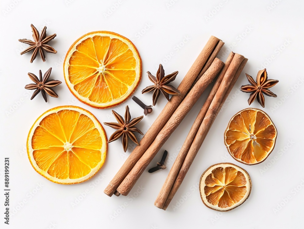 1. Advertising scene for herbal extract with cinnamon sticks, star anise, and dried orange slices arranged on a clean white background, highlighting the natural ingredients, top view flat lay 1. Advertising scene for herbal extract with cinnamon sticks, star anise, and dried orange slices arranged on a clean white background, highlighting the natural ingredients, top view flat lay