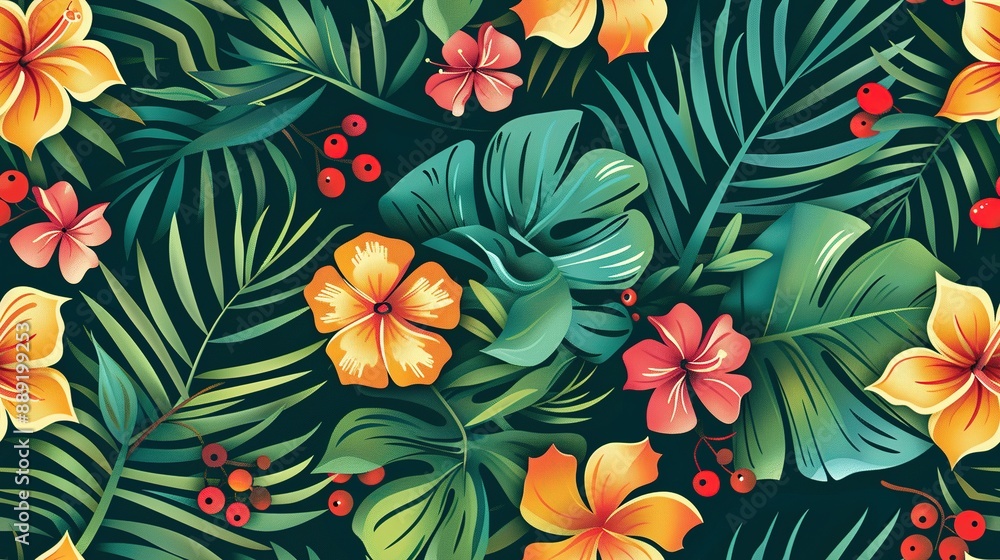 Naklejka premium Seamless tropical pattern with vibrant flowers and lush foliage