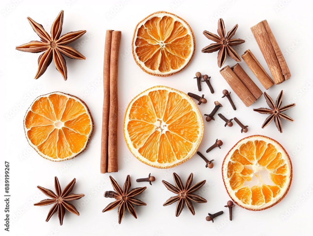 3. Top view of health herbs and herbal extract ingredients, including cinnamon sticks, anise, and dried orange slices, beautifully arranged on a white background, emphasizing the natural and 3. Top view of health herbs and herbal extract ingredients, including cinnamon sticks, anise, and dried orange slices, beautifully arranged on a white background, emphasizing the natural and