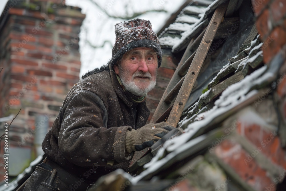 Obraz premium Chimney sweep on a ladder, preparing to clean a chimney on a traditional brick house. The worker's equipment, including brushes and a soot bag, is visible, showcasing the tools of the trade. The
