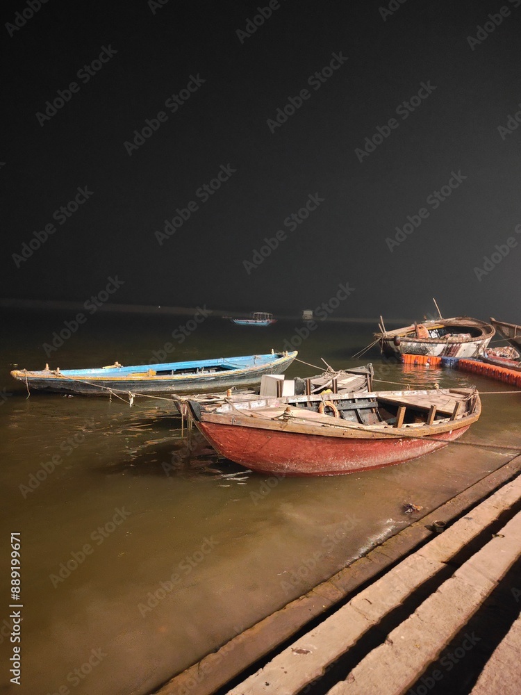 Night view of kashi ghat banaras boat Night view of kashi ghat banaras boat