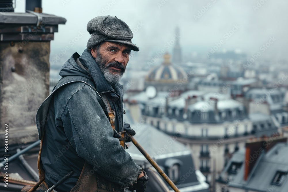 Chimney sweep in action, standing on a rooftop with a sweeping brush extended into a chimney. The worker's confident posture and professional attire underscore the expertise involved in this trade. Chimney sweep in action, standing on a rooftop with a sweeping brush extended into a chimney. The worker's confident posture and professional attire underscore the expertise involved in this trade.