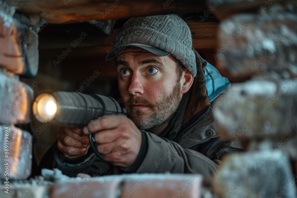 Chimney sweep inspecting a fireplace from the interior, using a flashlight to check for blockages and soot buildup. The professional's serious expression and careful examination highlight the Chimney sweep inspecting a fireplace from the interior, using a flashlight to check for blockages and soot buildup. The professional's serious expression and careful examination highlight the