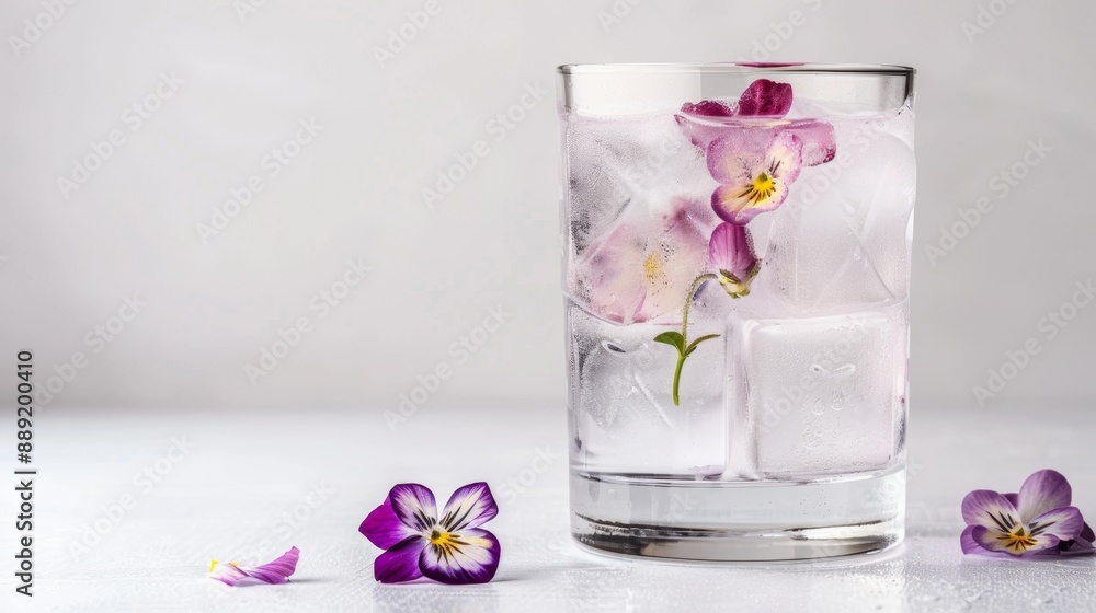 Elegant Floral Ice Cubes in Refreshing Glass of Water on White Background Elegant Floral Ice Cubes in Refreshing Glass of Water on White Background