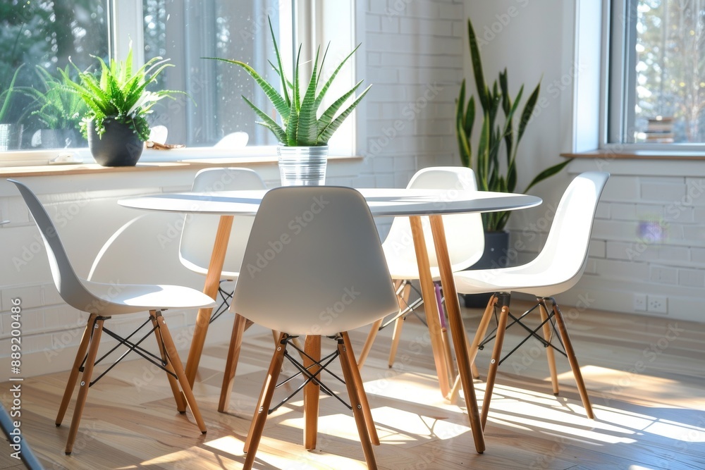 Fototapeta premium Simple Breakfast Nook with Clean Table and Chairs: A minimalist breakfast nook mockup featuring a clean table and chairs.