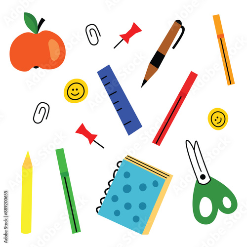 Colorful collection of school supplies doodle flat illustration set