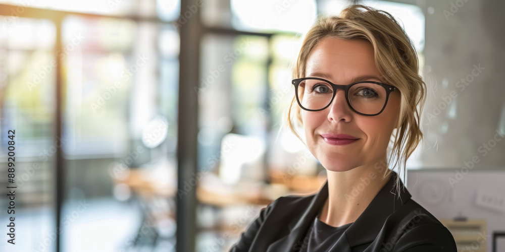 Confident young woman with glasses in modern office Confident young woman with glasses in modern office