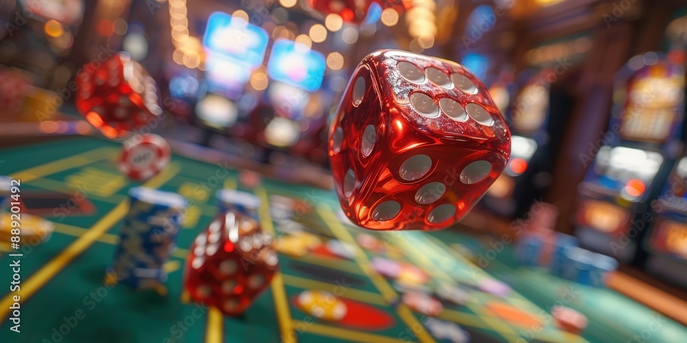 Fototapeta premium Two red dice rolling on a casino table surrounded by poker chips, capturing the excitement and chance of gambling.