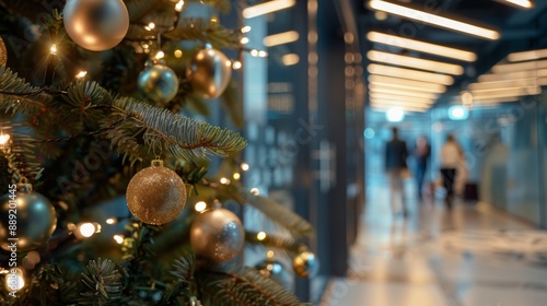 Decorated Christmas Tree in Modern Office Hallway with Blurred Background photo