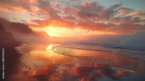 A beach at dawn with mist rising from the water and a serene sunrise.