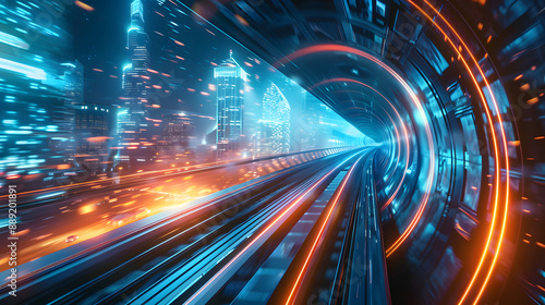 Futuristic modern city transportation bullet train traveling high speed tunnel cityscape background advanced technology future transport motorway efficient commute imaginary urban fast railway rail