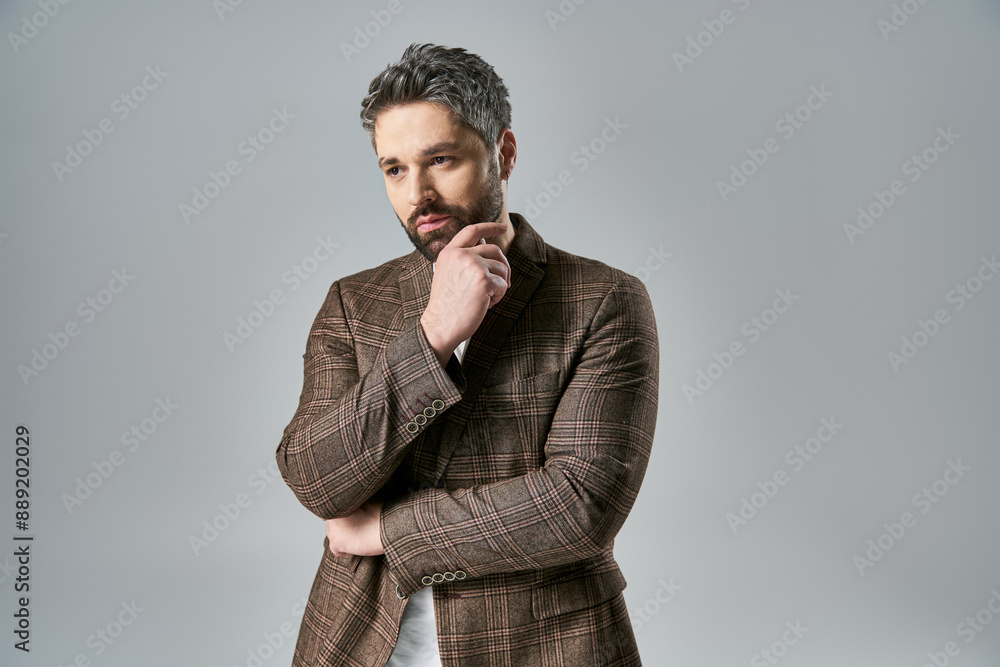 A bearded man poses elegantly in a brown jacket against a grey background in a studio setting. A bearded man poses elegantly in a brown jacket against a grey background in a studio setting.