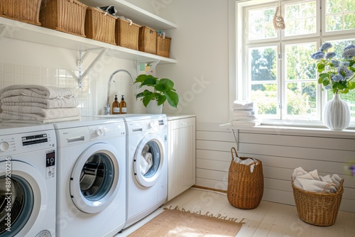 A bright and airy laundry room featuring state-of-the-art appliances and ample counter space for folding and sorting. The perfect space for tackling laundry day with ease.