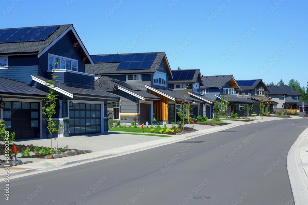suburban street scene with modern houses featuring sleek solar panel arrays symbolizing clean energy and sustainability suburban street scene with modern houses featuring sleek solar panel arrays symbolizing clean energy and sustainability
