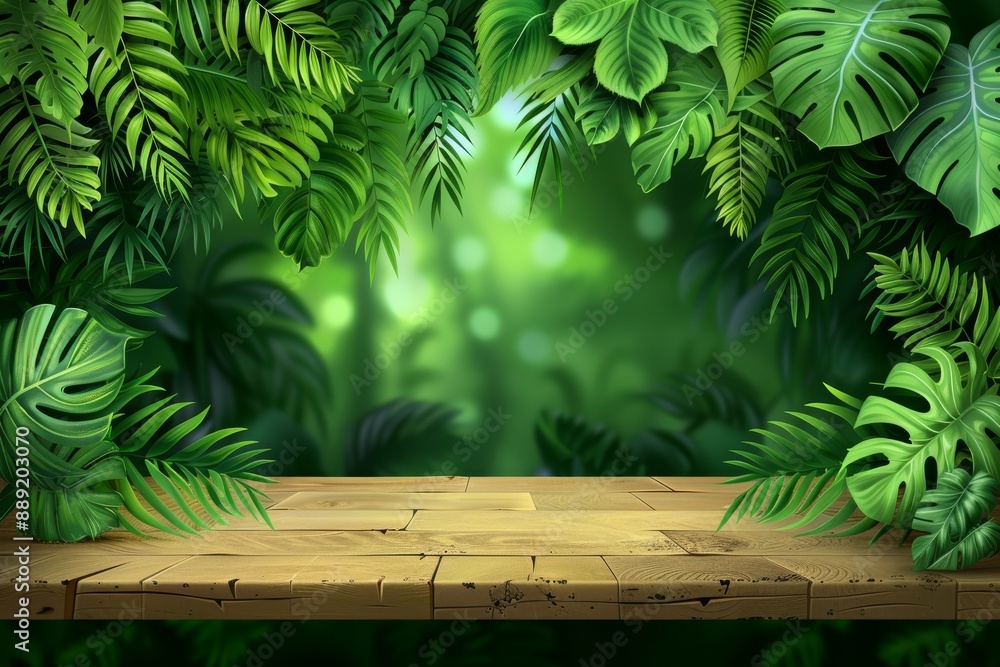 Lush green foliage with wooden path serene tropical scene vibrant nature inviting setting peaceful retreat bright and cheerful atmosphere Lush green foliage with wooden path serene tropical scene vibrant nature inviting setting peaceful retreat bright and cheerful atmosphere