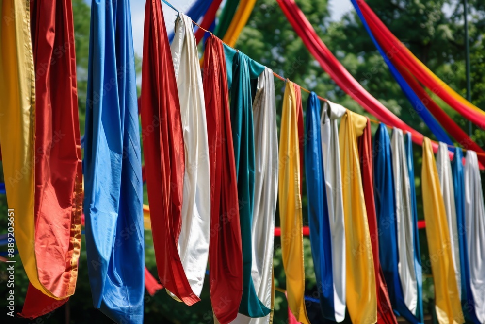 A display of colorful fabric banners and streamers, draped elegantly in an outdoor setting, with the holiday name 'Togo's Independence Day' A display of colorful fabric banners and streamers, draped elegantly in an outdoor setting, with the holiday name 'Togo's Independence Day'