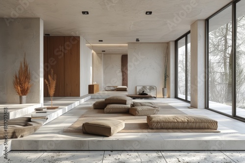 Living Room with Modular Furniture and Open Space: A minimalist living room mockup featuring modular furniture and lots of open space.