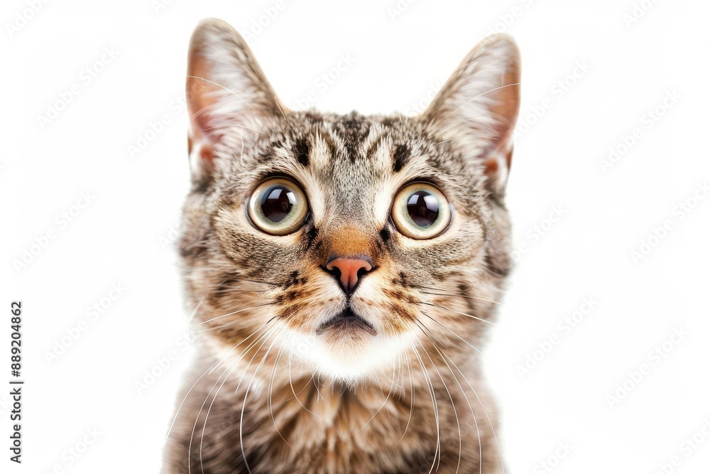 Obraz premium surprised wideeyed cat closeup on white background humorous pet portrait